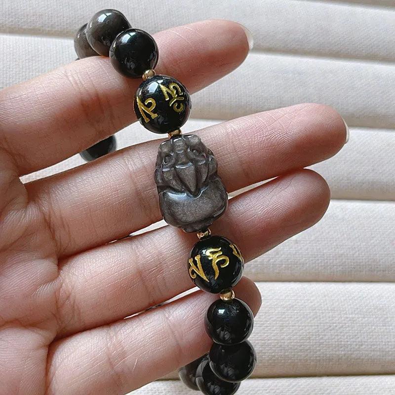 Silver Stone men's bracelet with Chinese zodiac symbols and beaded design in natural silver colour