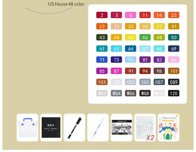 48 colour oily soft-tip marker set with square rod bodies and dual thickness options