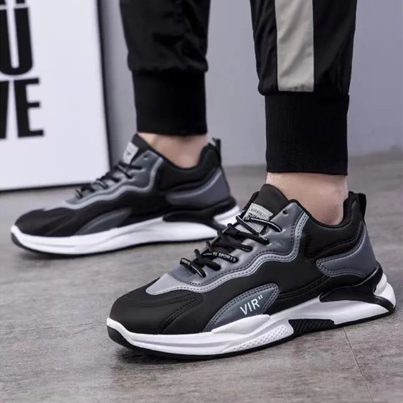 Black white lace-up sneakers for men with synthetic leather upper and mesh lining