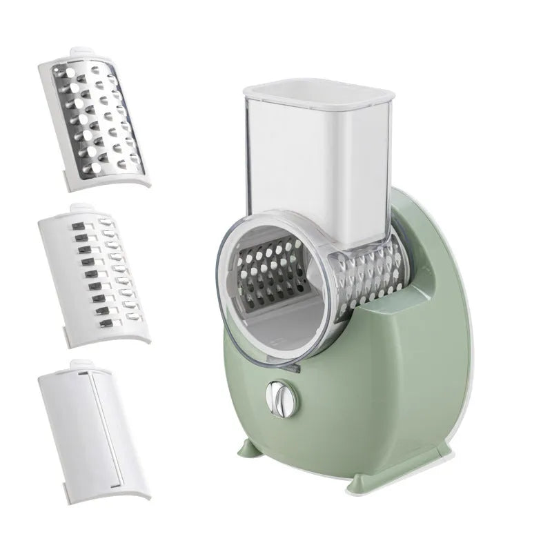 White electric vegetable slicer with rotary grater, suction base, and multiple blades on kitchen counter