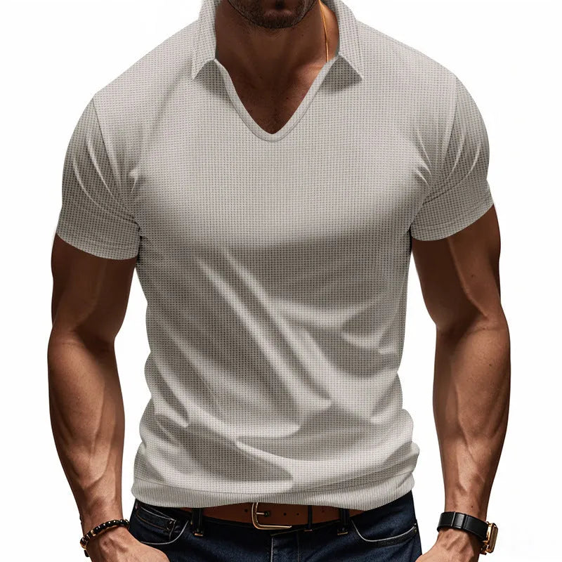 Men's loose fit V-neck short sleeve T-shirt in cotton blend fabric shown in solid colour options