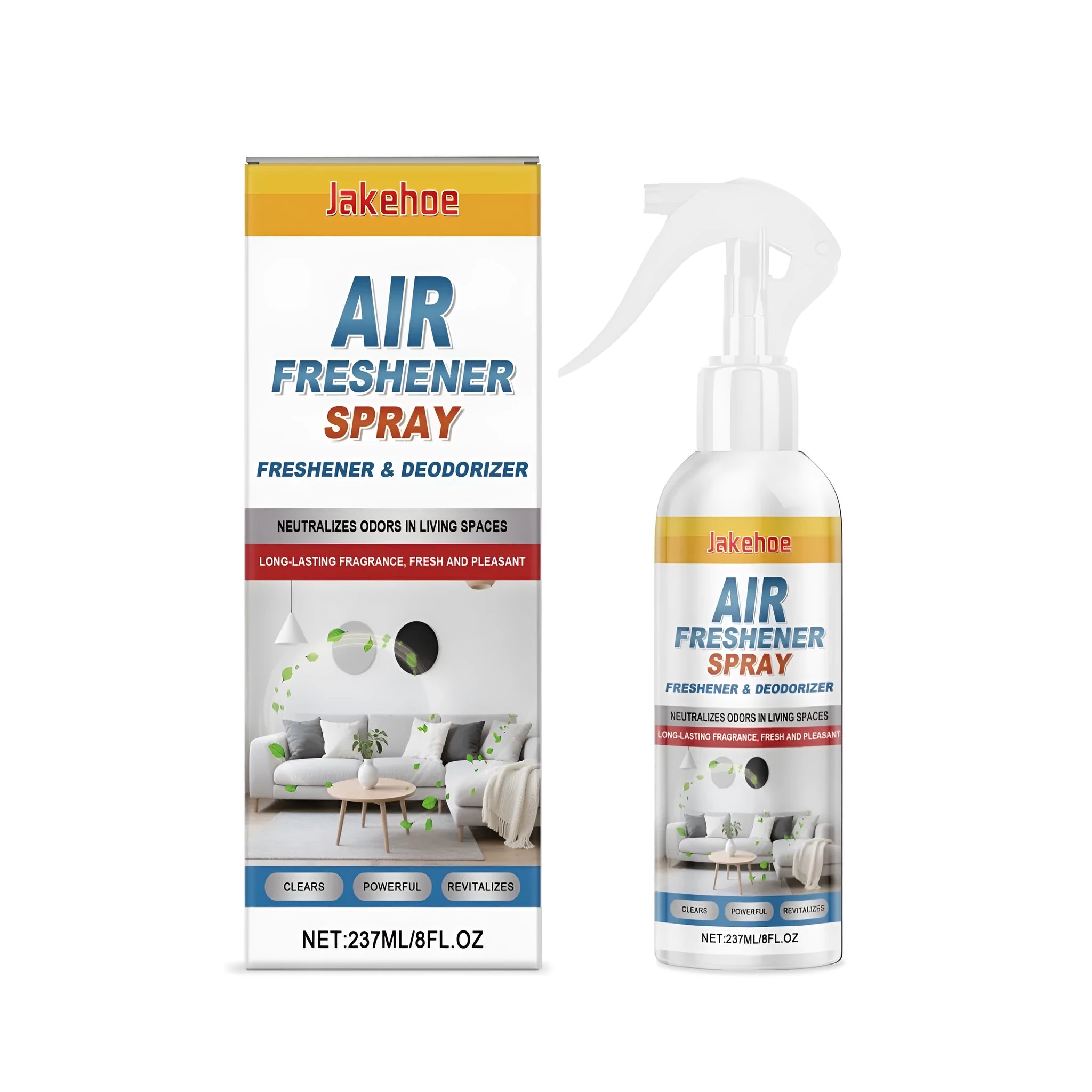 237ml bottle of clear air freshener spray with a pump actuator on a white background.