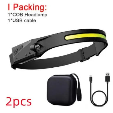 Black silicone USB rechargeable headlamp with side wave sensor and dual LED lights for wide and long-distance illumination.