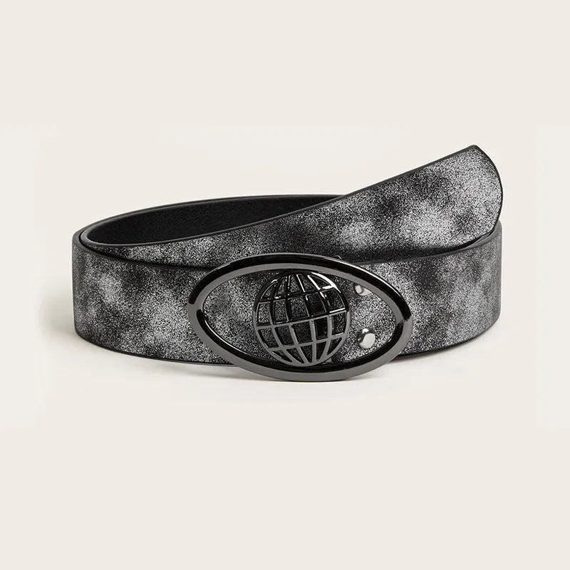 Retro women's thick belt with oval alloy buckle in grey and silver white colour options