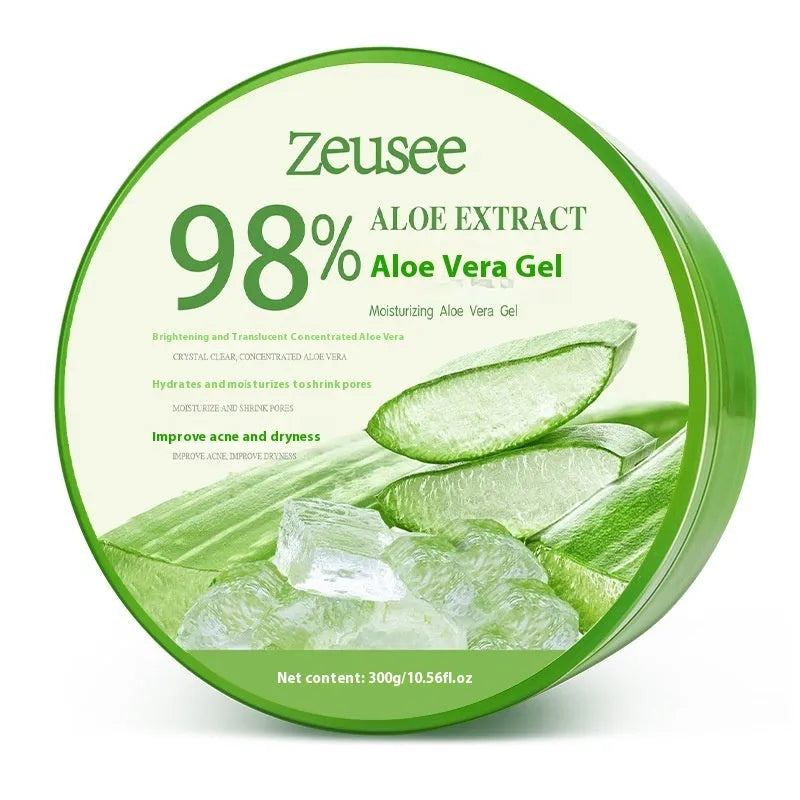 Jar of 98% aloe vera gel 300g with a measuring spoon for acne control and hydration