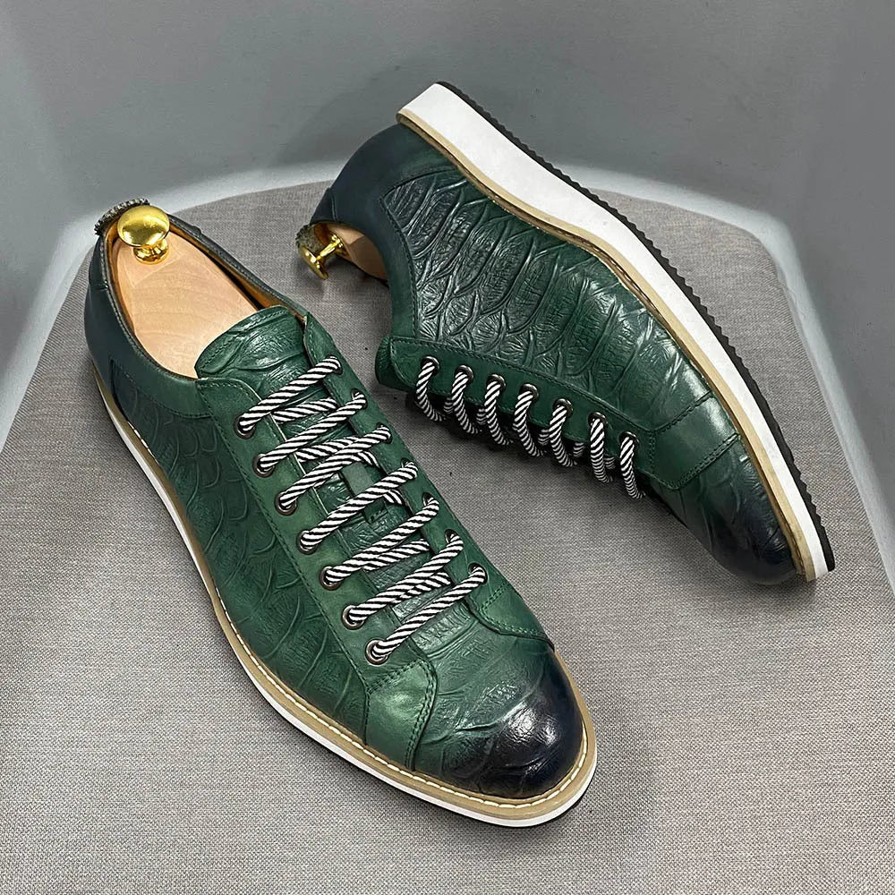 Men's low-top handmade shoes with an embossed pattern and front lace closure, shown in multiple colours.