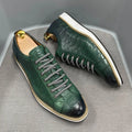 Men's low-top handmade shoes with an embossed pattern and front lace closure, shown in multiple colours.