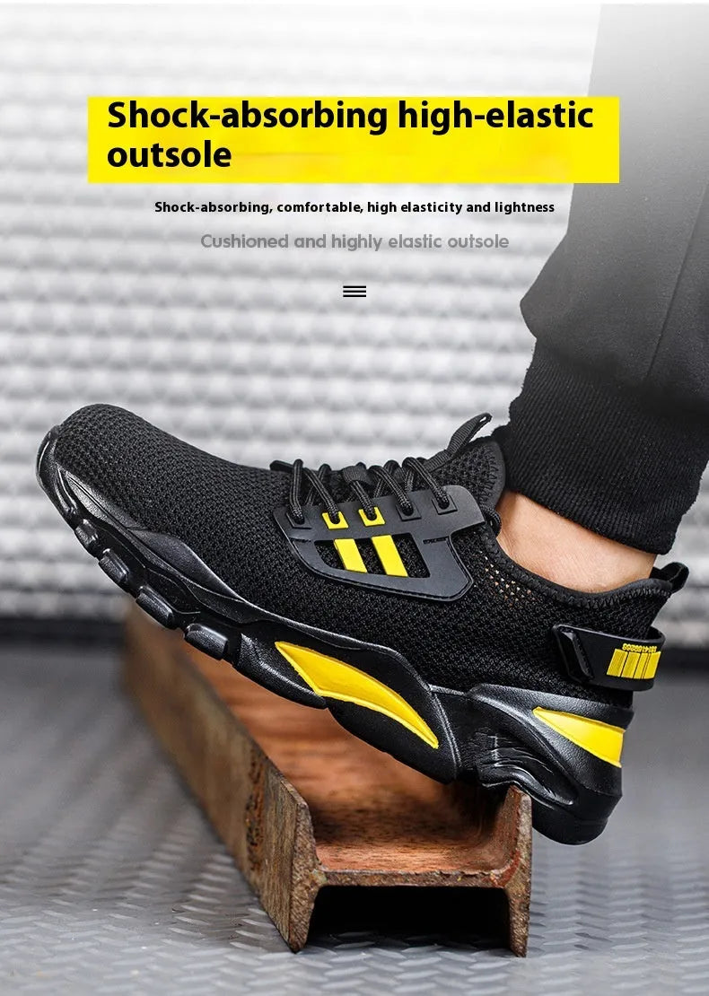 Men's Flyknit safety work shoes with steel toe caps in black, grey, and yellow colour options