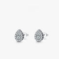 Close-up of women's silver water drop shaped ear studs made from 925 sterling silver.
