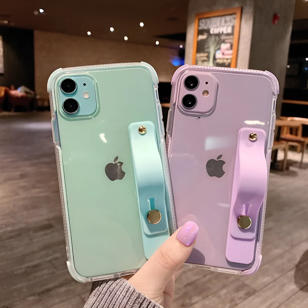 Transparent two-colour silicone phone case with a flip-out stand in black, green, pink, purple, or white.