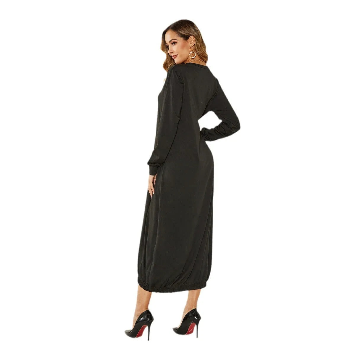 A loose black lantern dress with a lace-up crew neck, made from knitted polyester fabric.
