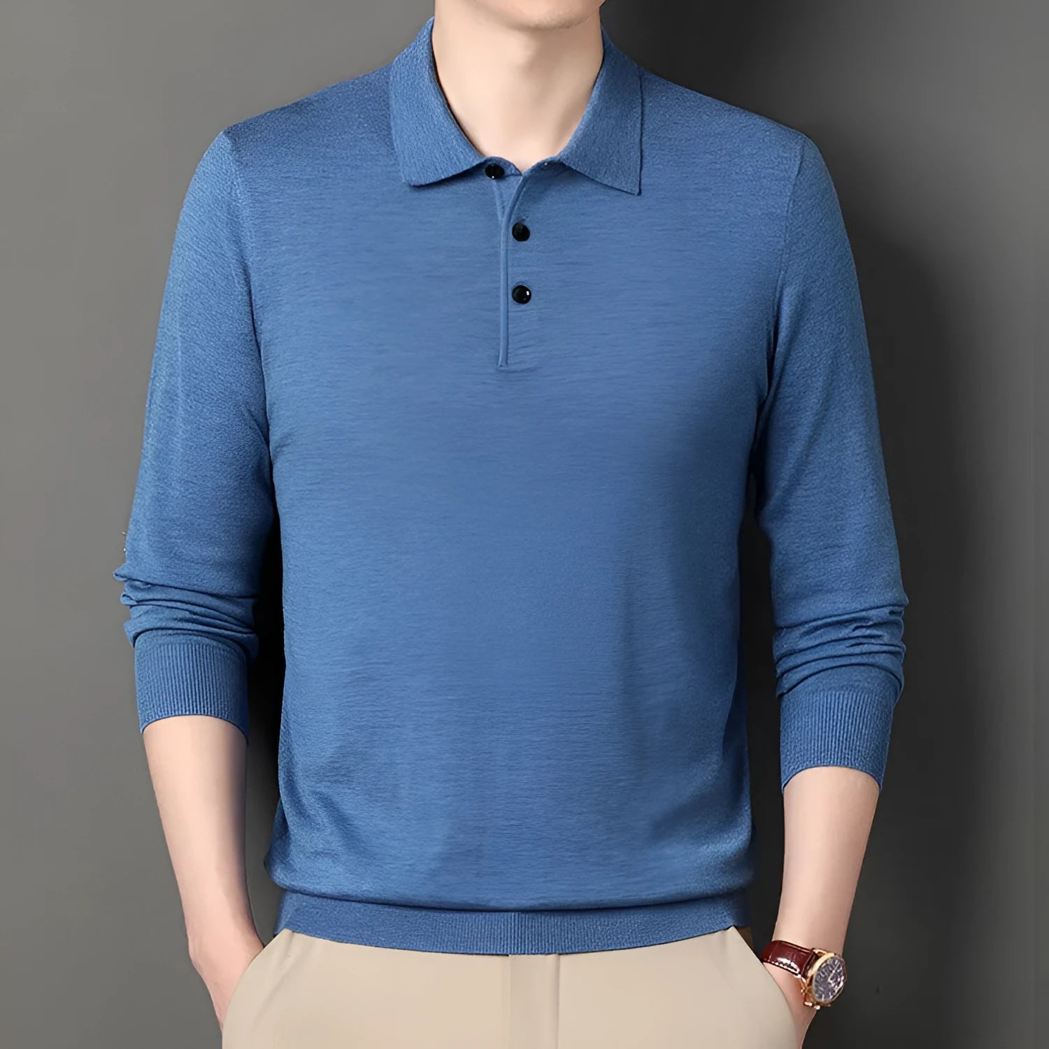 Men's long sleeve wool blend base shirt in medium gray, straight fit, for spring autumn