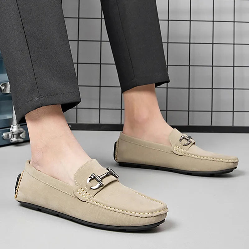 Men's casual leather loafers with round toe and rubber sole in beige, black and brown colour options