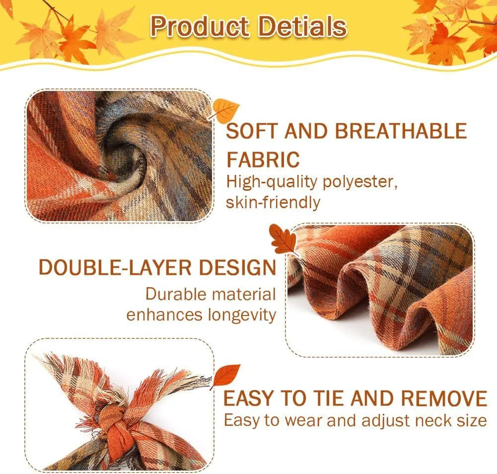 Classic plaid dog bandana with tasselled edges in autumn colours tied around dog's neck