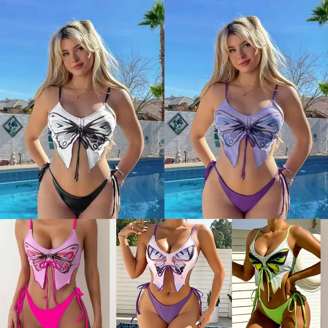 Women's bow ins style split bikini suit in sleeveless design with European American pattern