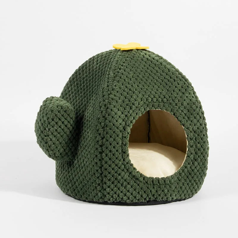 Green cactus-shaped enclosed cat bed for indoor pet sleeping