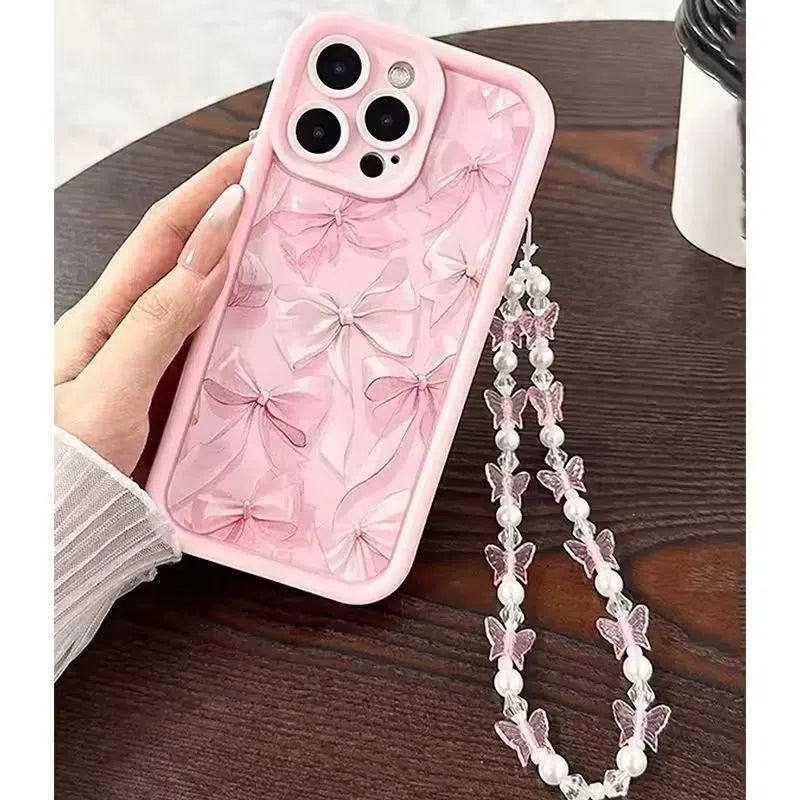 Pink matte bow silicone phone case with Tianyan Ladder J124-P1 pattern for Apple iPhone