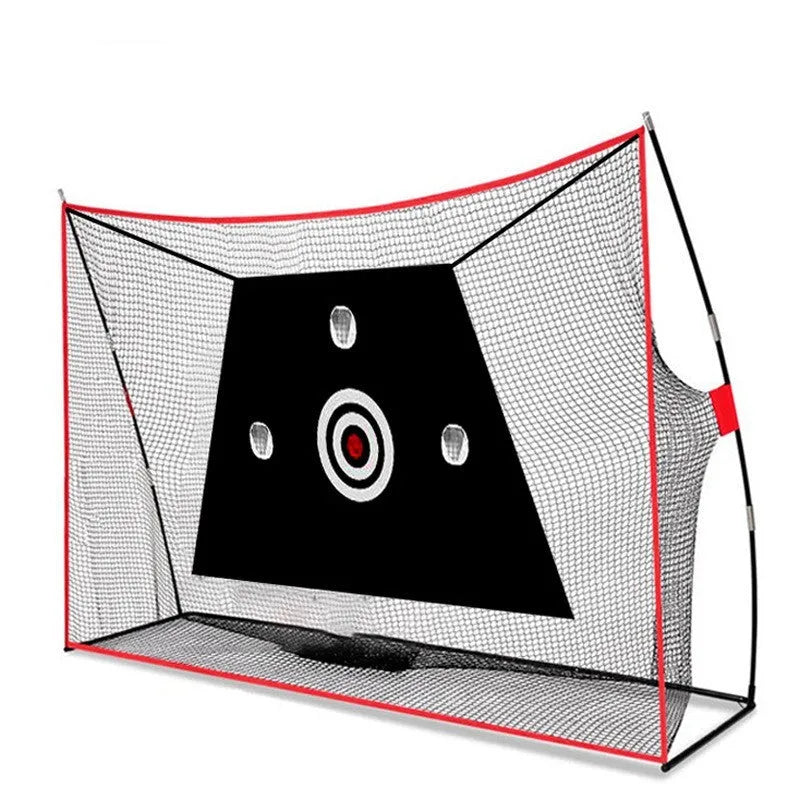 Golf wedge training kit showing three-hole cross net, straw mat, practice balls, tees, and accessories