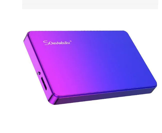 Purple external mobile hard disk with plastic shell and leather bag packaging