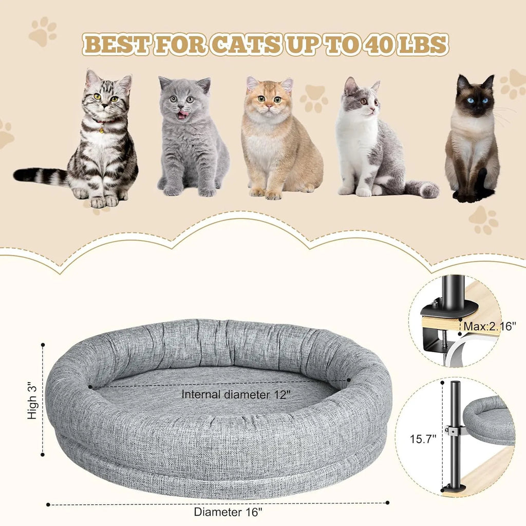 Round cloth cat nest with rotating base and adjustable height, available in brown or gray colour options