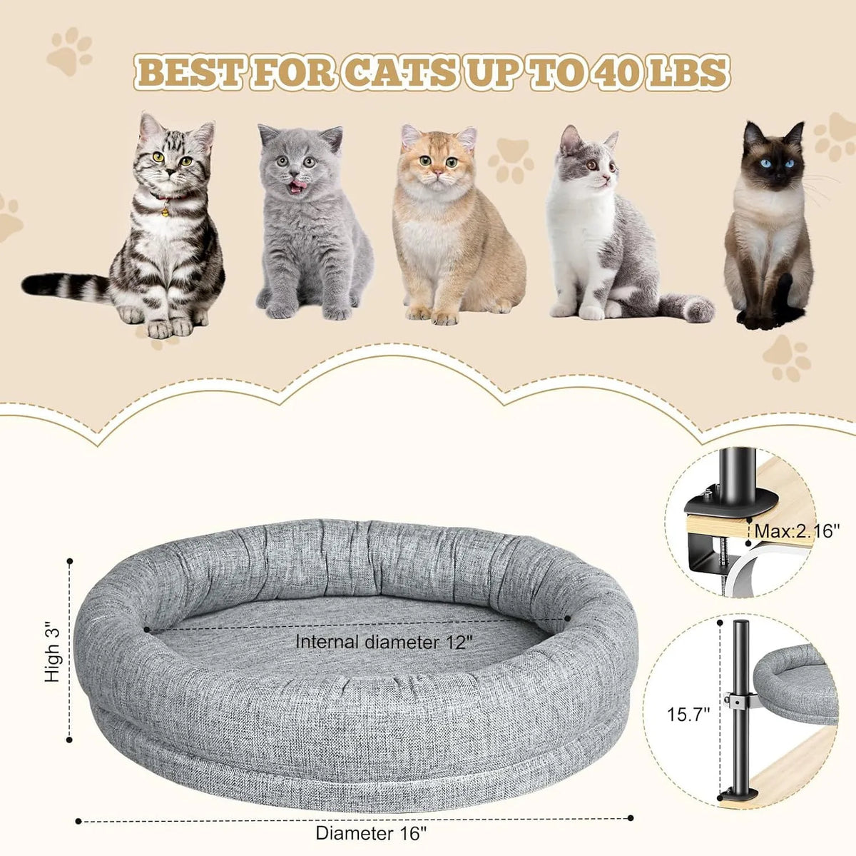 Round cloth cat nest with rotating base and adjustable height, available in brown or gray colour options