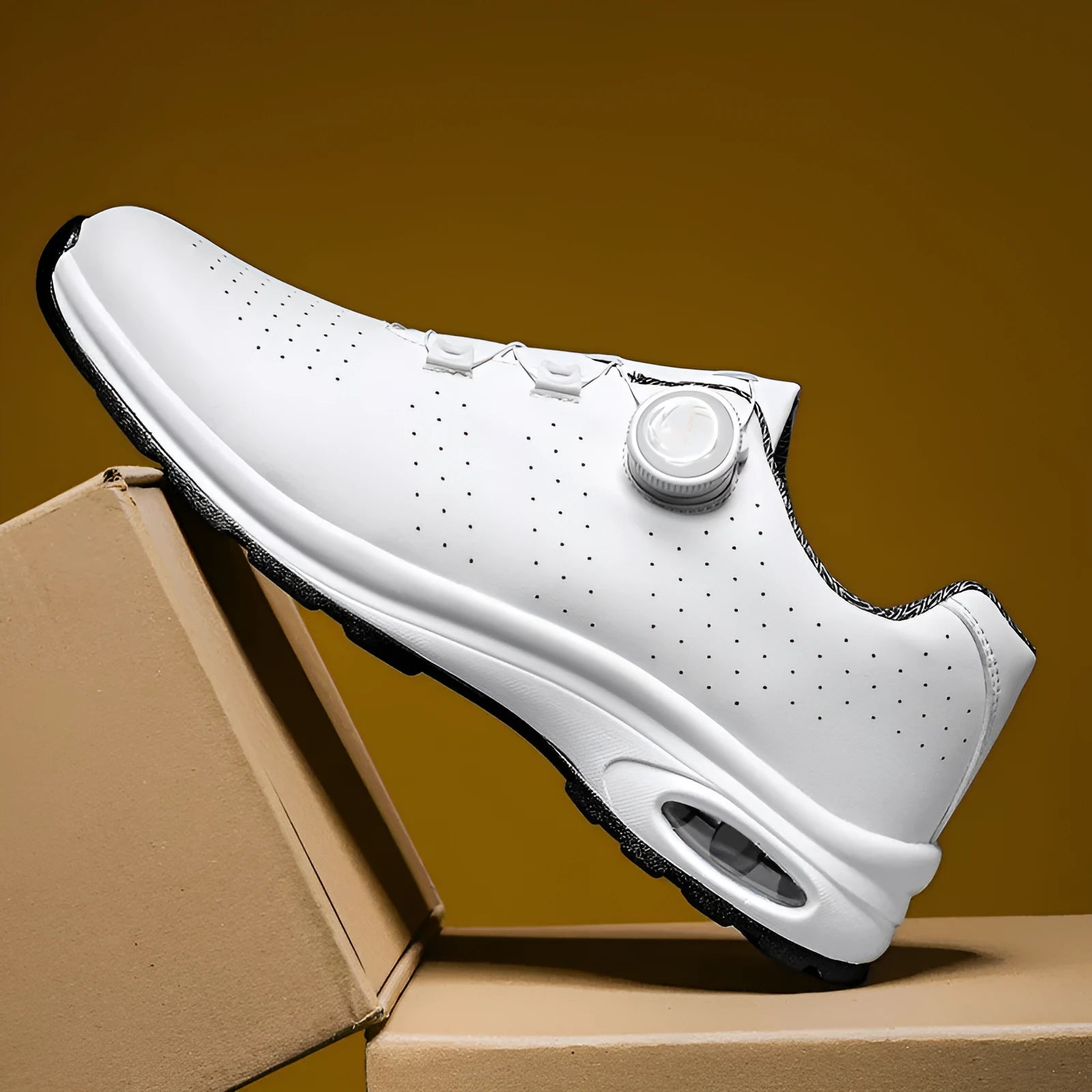 Black and white low top mesh casual shoes with lace-up front and cross shoulder straps on a composite sole.