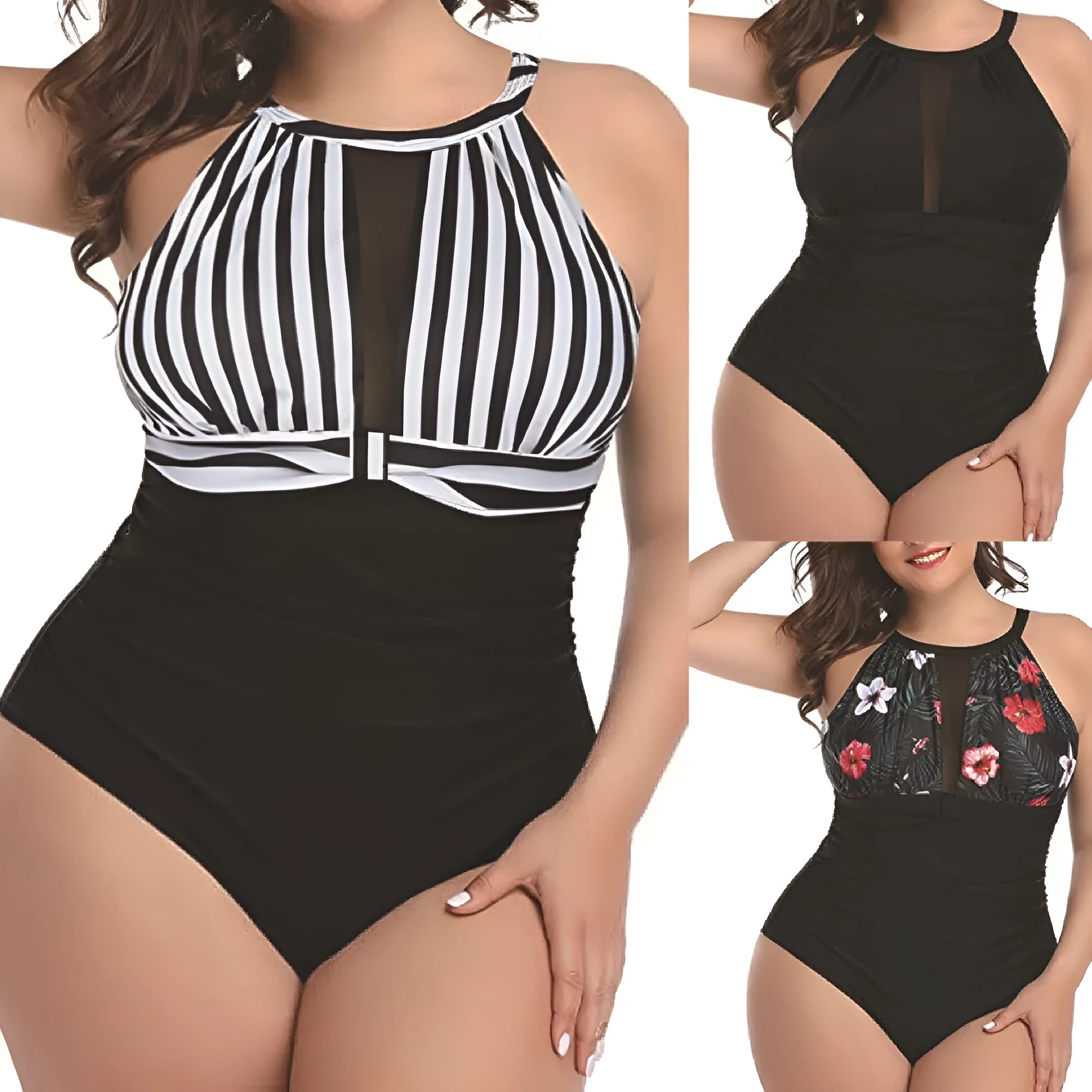 Women's black one-piece swimsuit with lace trim on mannequin, showing front and back.
