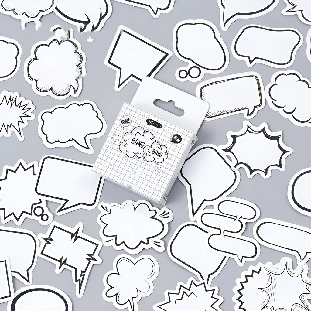 Box containing 45 black and white speech bubble thought bubble decoration stickers