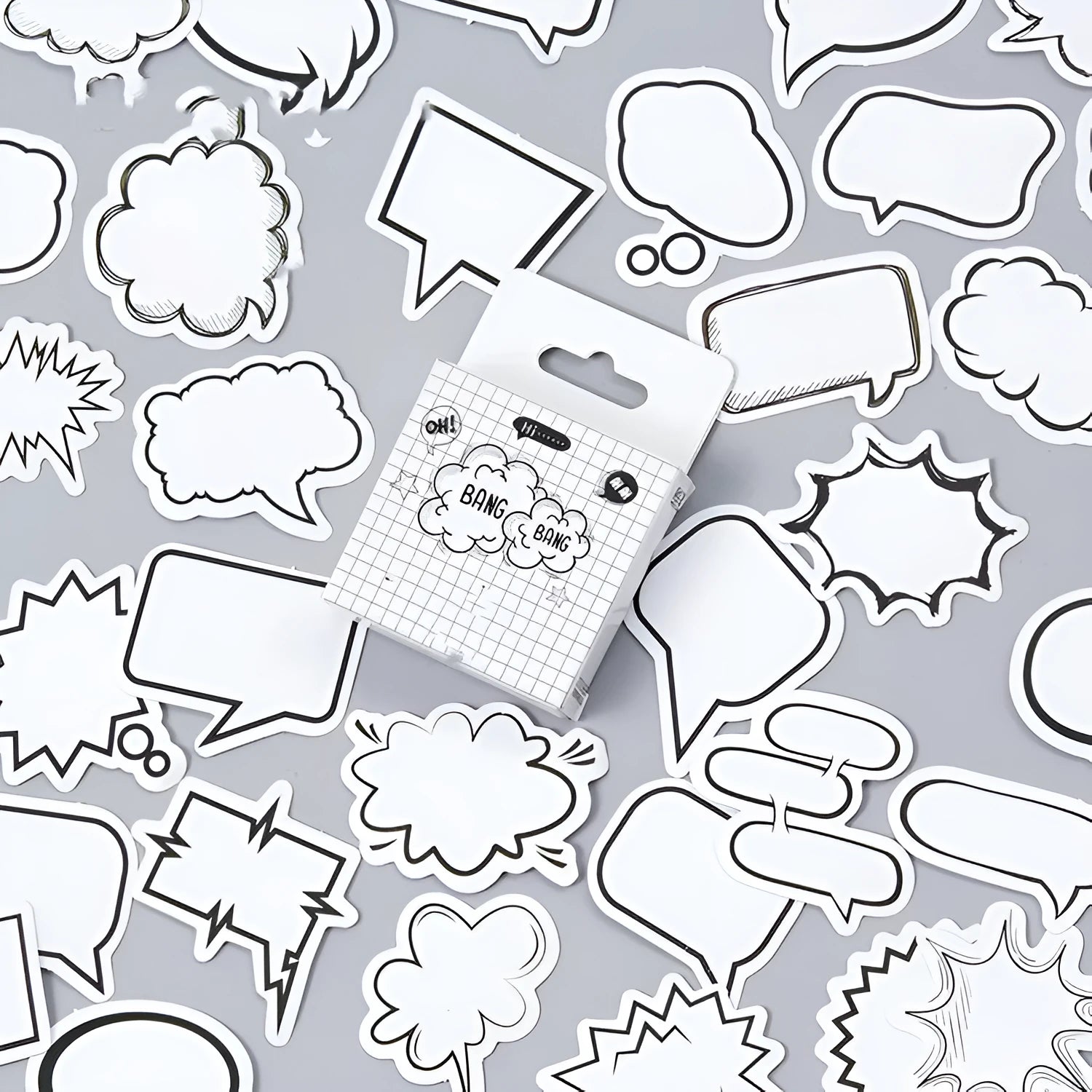 Box containing 45 black and white speech bubble thought bubble decoration stickers