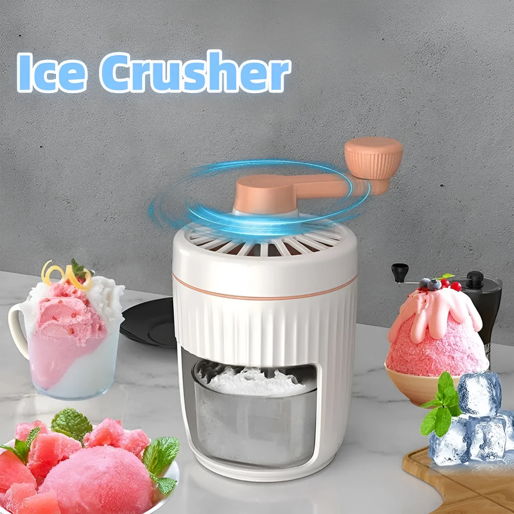 Hand-cranked ice shaving machine in green or orange with removable ice box, PP ABS and 304 stainless steel construction