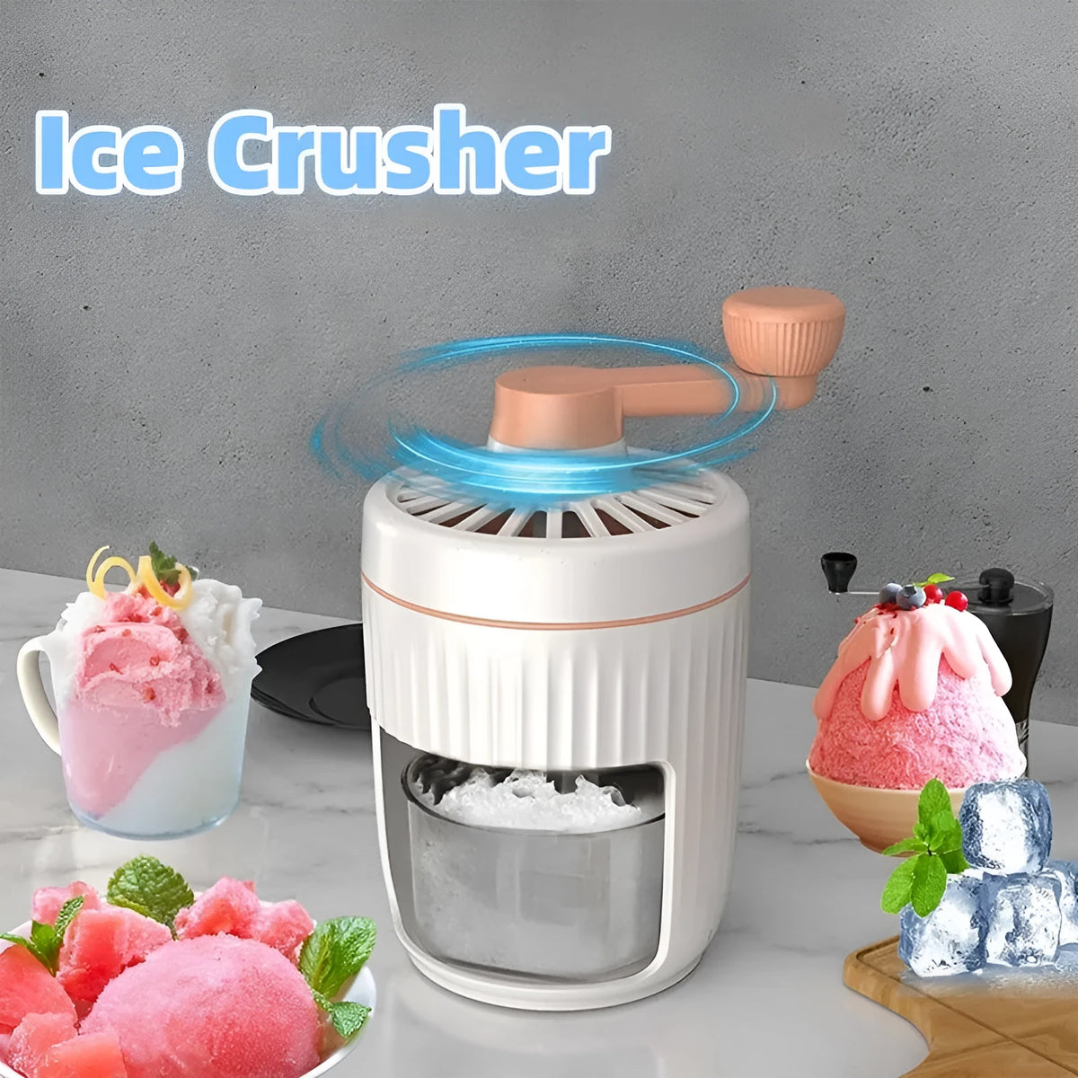 Hand-cranked ice shaving machine in green or orange with removable ice box, PP ABS and 304 stainless steel construction