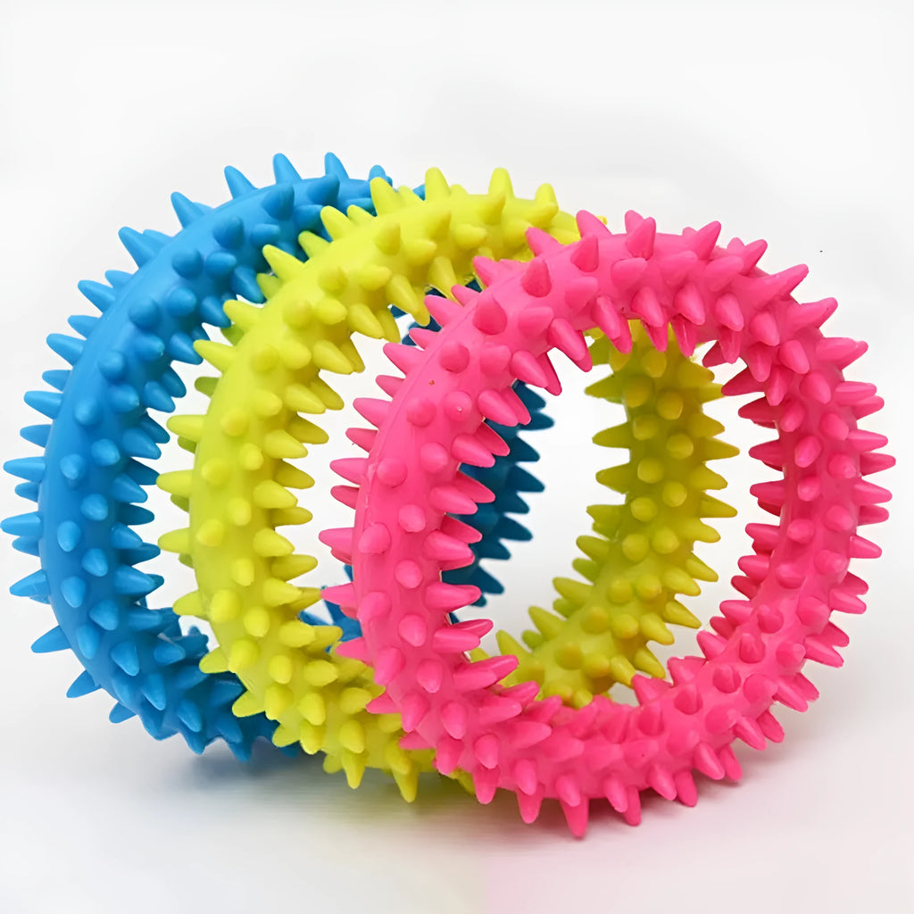 Blue TPR spiky circle ring dog chew toy on a white background.