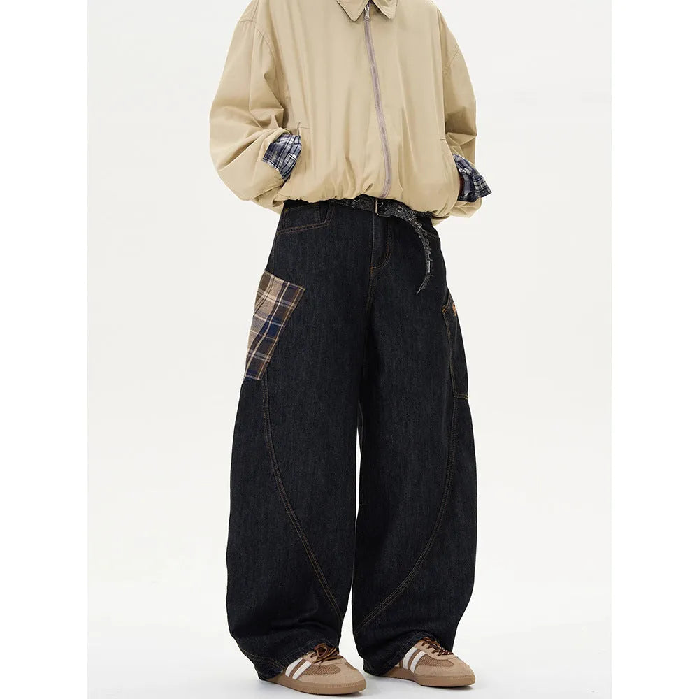 Loose straight-leg cotton trousers in coffee plaid and red plaid patterns showing mid-waist design