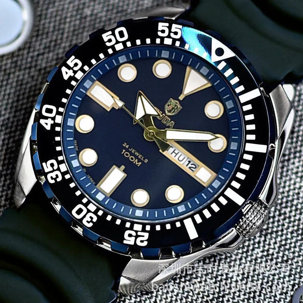 Men's waterproof quartz watch with luminous hands and sports-style case