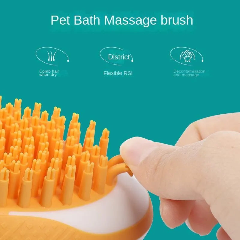 2-in-1 pet bath brush with soft silicone bristles, shampoo reservoir, and non-slip grip in pink