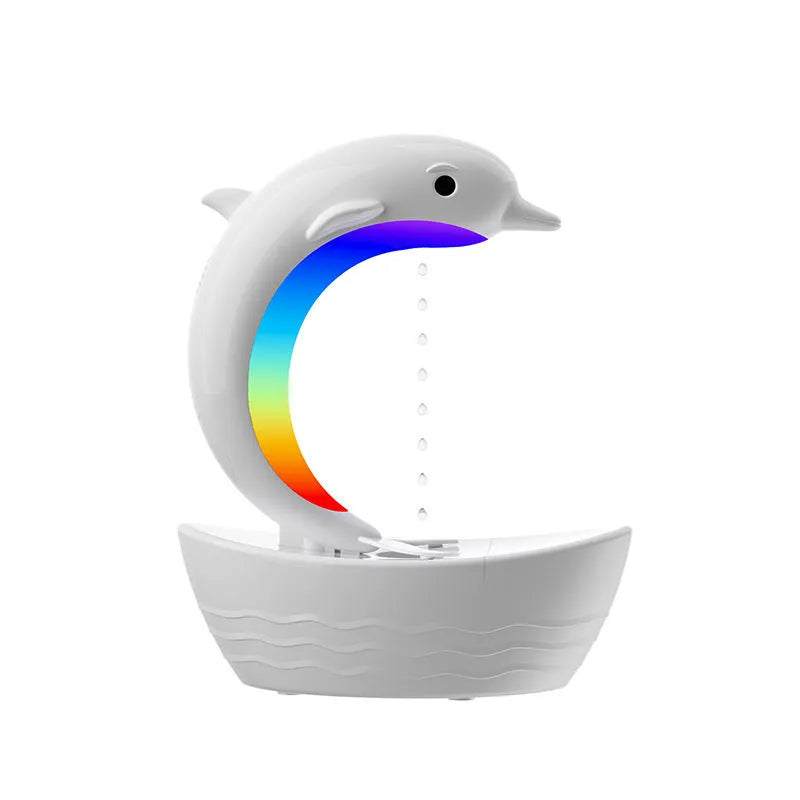 Dolphin-shaped Bluetooth speaker humidifier in white with fine mist output and sea light glow