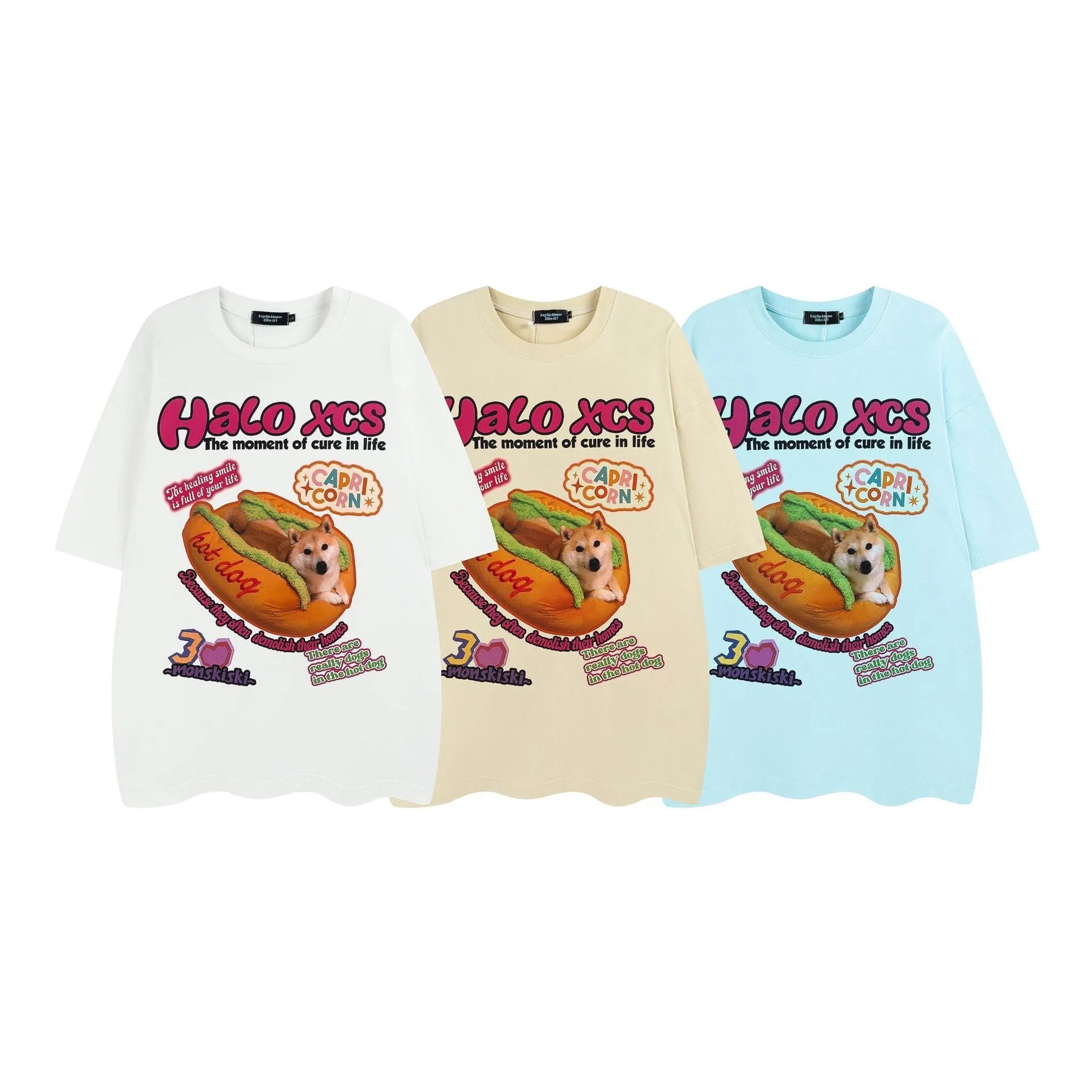 Cartoon hamburger dog printed loose fit cotton T-shirt in white, apricot, or sky blue.
