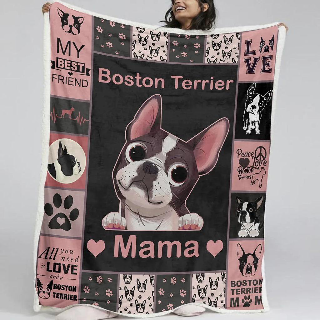 Pink Sherpa fleece dog themed throw blanket on sofa with hemmed edges