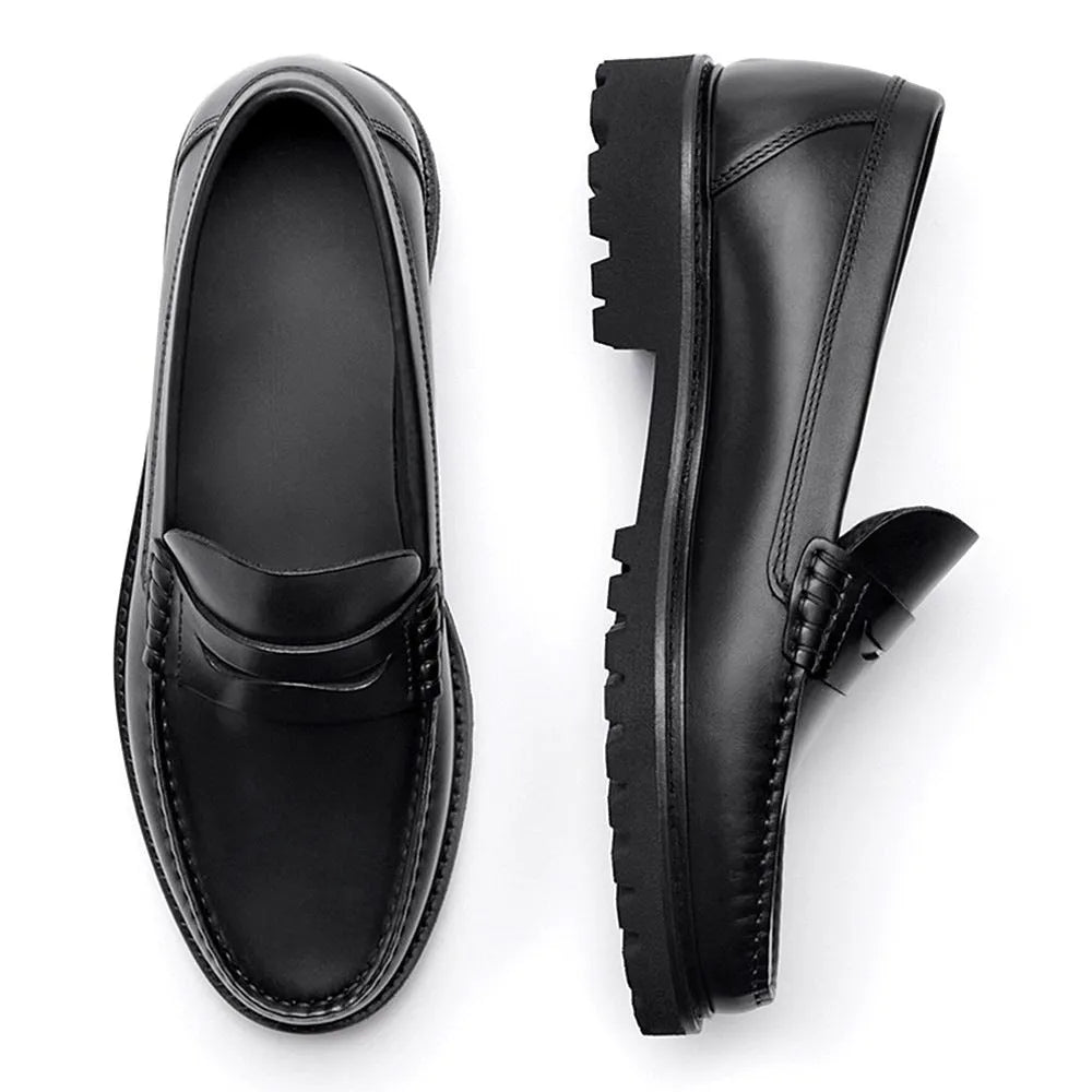 Men's brown leather loafers with first layer cowhide upper, rubber sole, and low heel on a neutral background