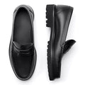 Men's brown leather loafers with first layer cowhide upper, rubber sole, and low heel on a neutral background