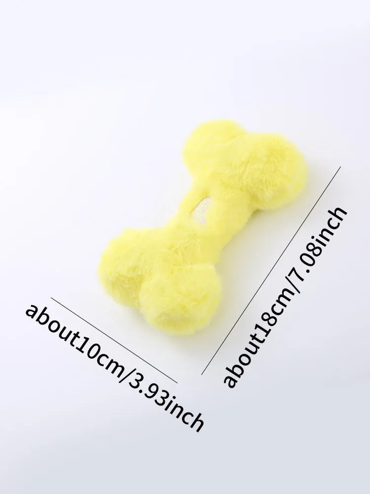 Bone-shaped plush dog toy with squeaker in blue, pink, and yellow colour options