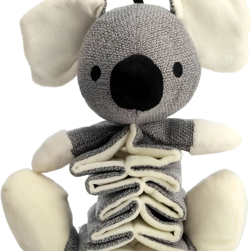 Grey koala-shaped plush dog toy with squeaker and crinkle paper, measuring 30cm.