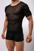 Men's slim fit nylon mesh T-shirt in solid colours including sapphire blue and black.