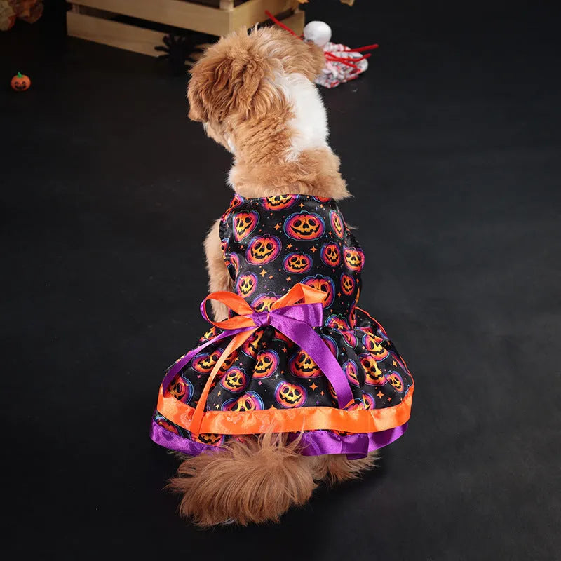 Halloween dog skirt with colourful pumpkin or skull print, double-layer design, size options S M L XL.