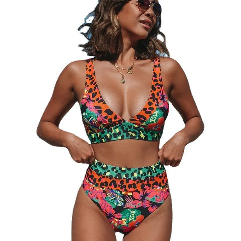Women's high waist floral print bikini set in picture colour.