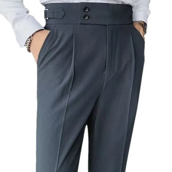 Men's high-waist straight-leg trousers in neutral colours on a hanger.