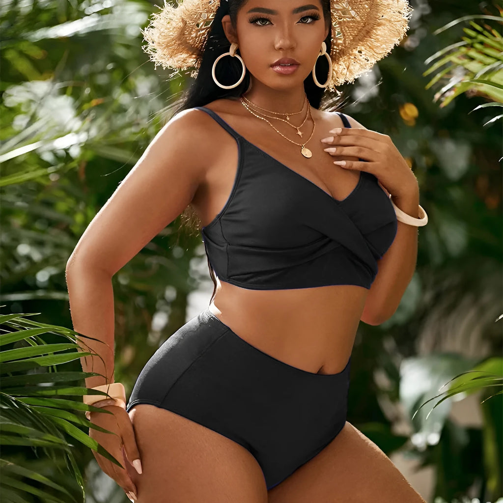 Plus size high waist split bikini swimsuit in solid black colour with front split detail