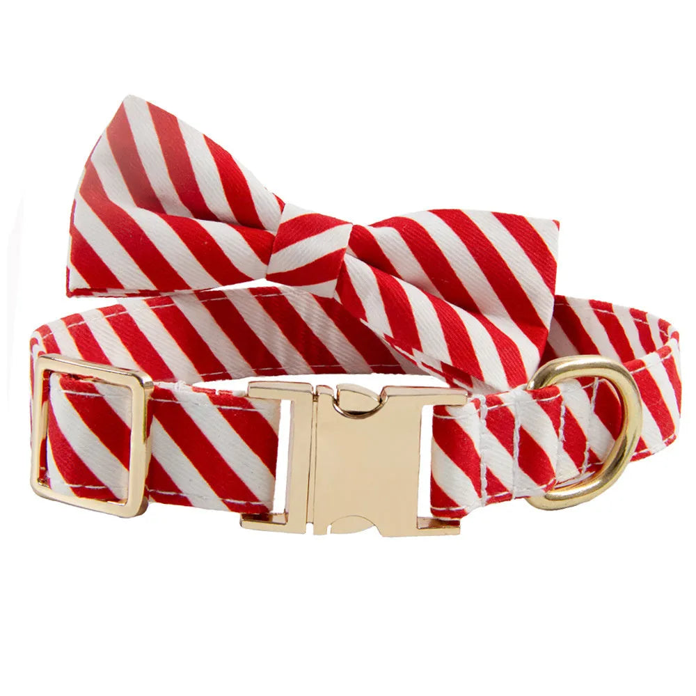 Striped personalised dog collar in Candy Green with engraved lettering area and matching bow knot