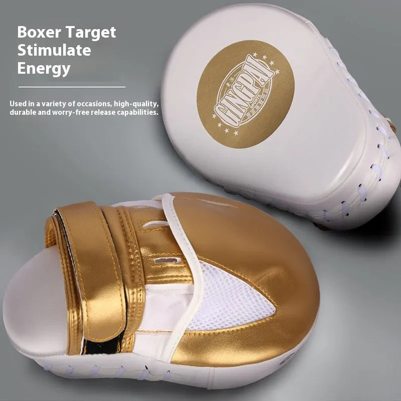 Portable vertical Sanda boxing baffle target in gold colour with arm strap.