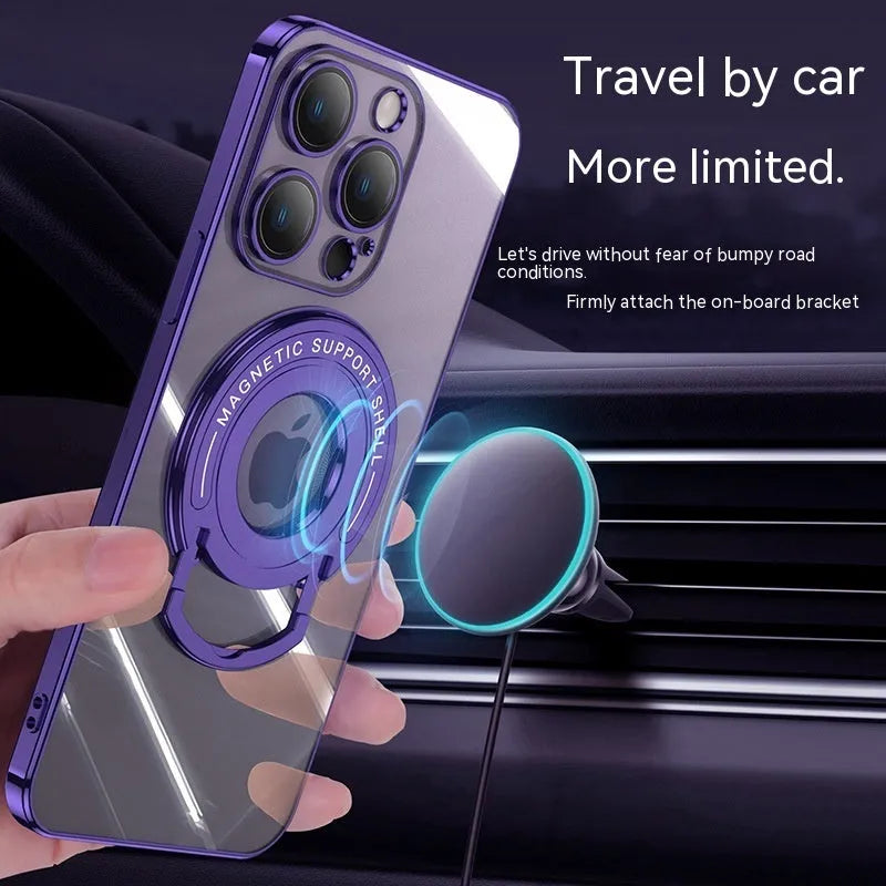 Transparent magnetic iPhone case with integrated pull rod bracket extended, showing dark purple colour and electroplated finish